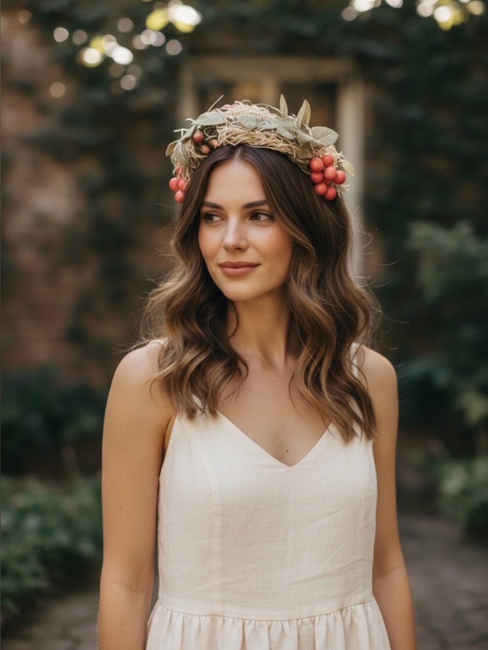 Rivera Headpiece w/ Faux Leaves, Berries & Textured Straw